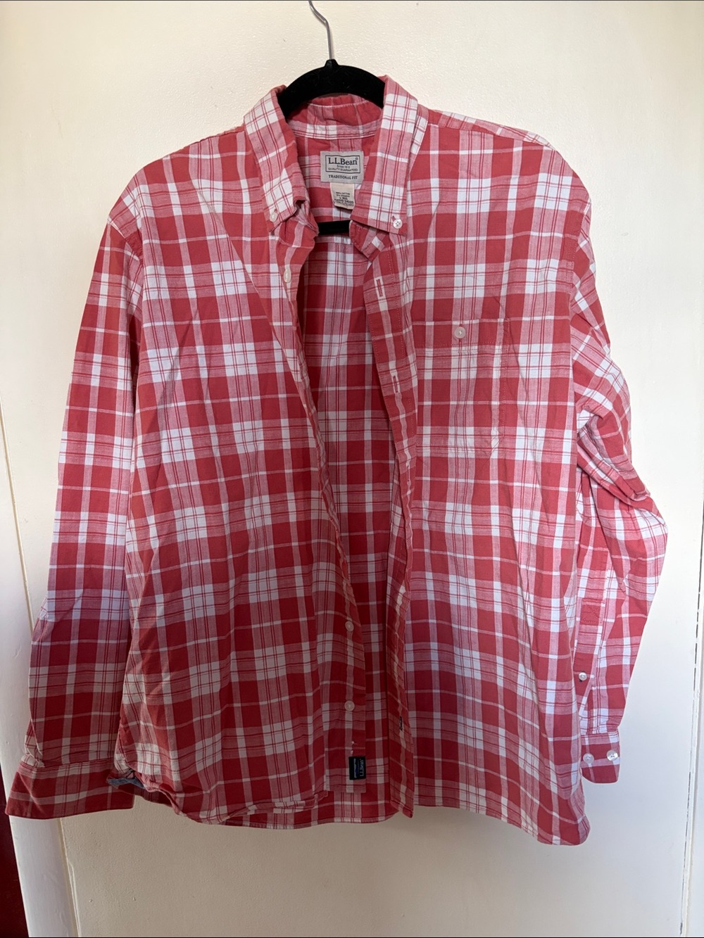 L.L. Bean Men’s Red/coral and White Plaid Button-Down Shirt